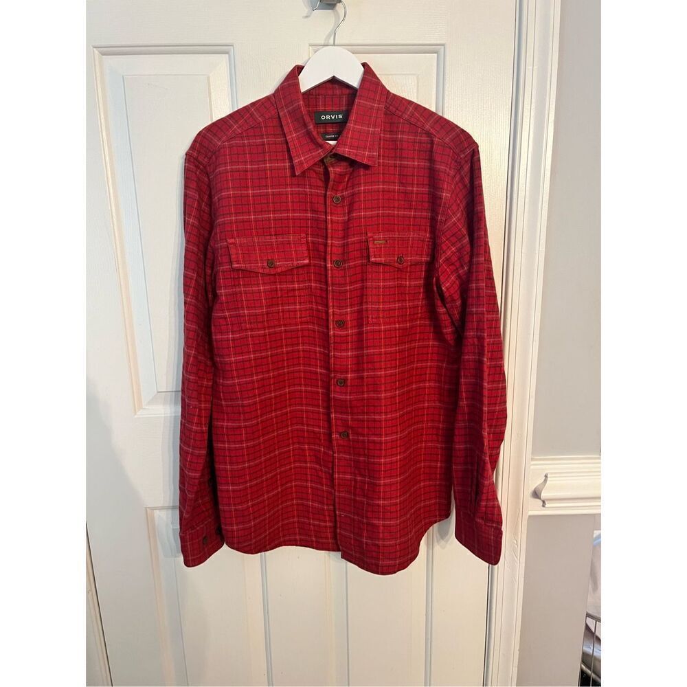 Orvis Fairbanks Classic Fit Red Soft Flannel Faux Suede Trim Button Down Shirt s